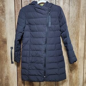 Cole Haan Grand.OS Jacket Womens Sz S Down Feather Black Hooded Coat Full Zipper